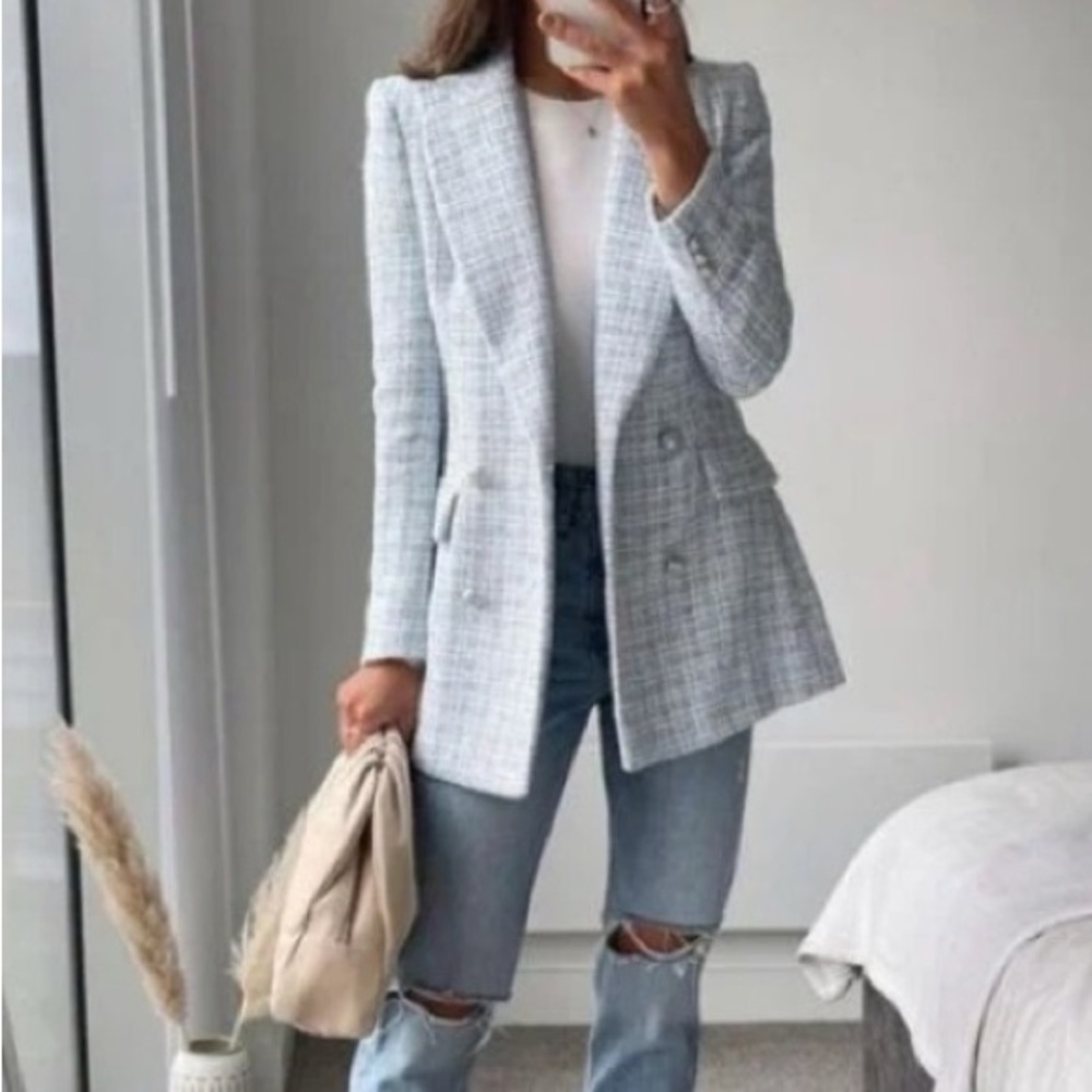SHEIN White and Blue Tweed Blazer